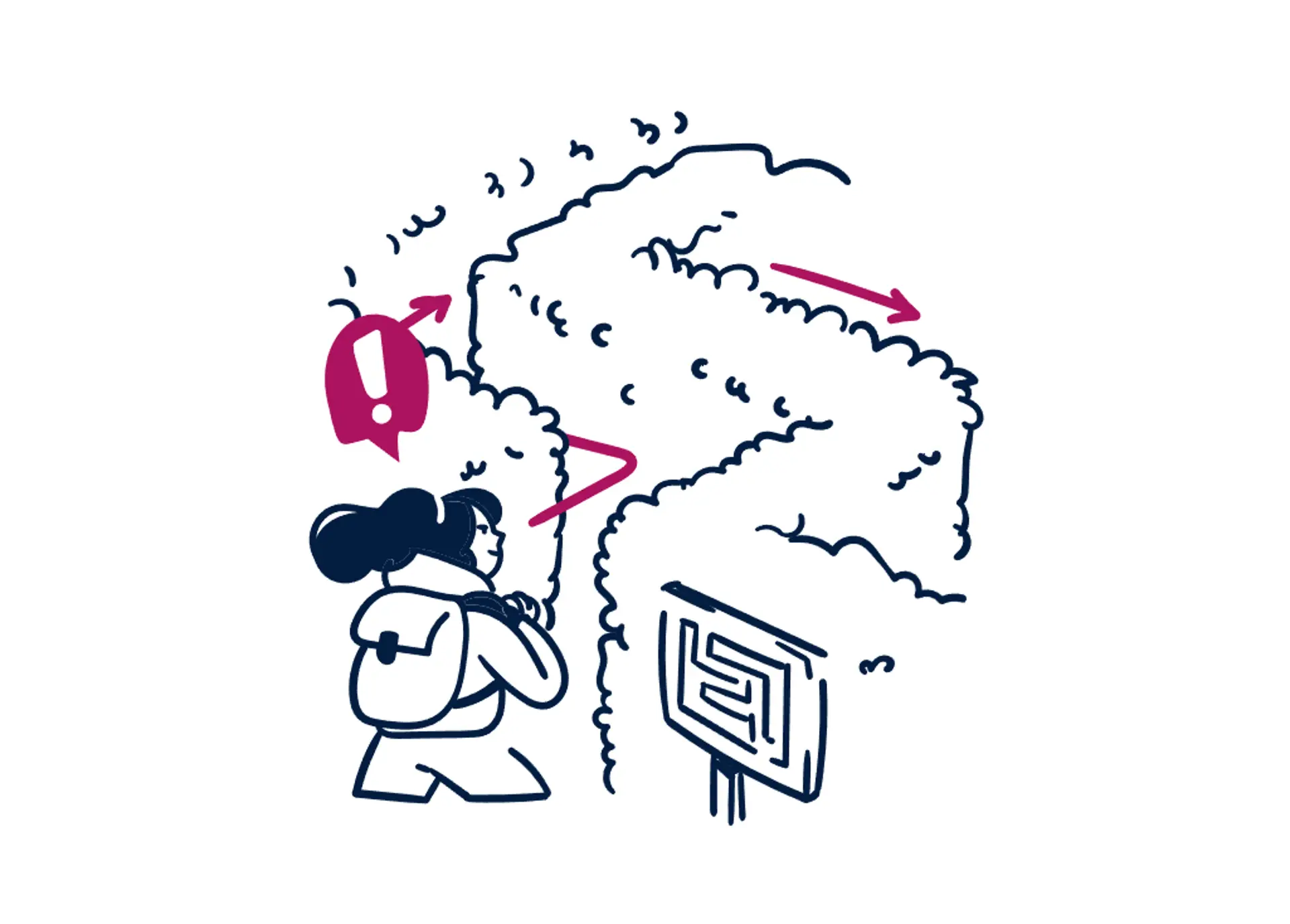 Eine Frau mit Rucksack geht in ein Labyrinth. Pinke Pfeile weisen ihr den Weg durch Hecken.