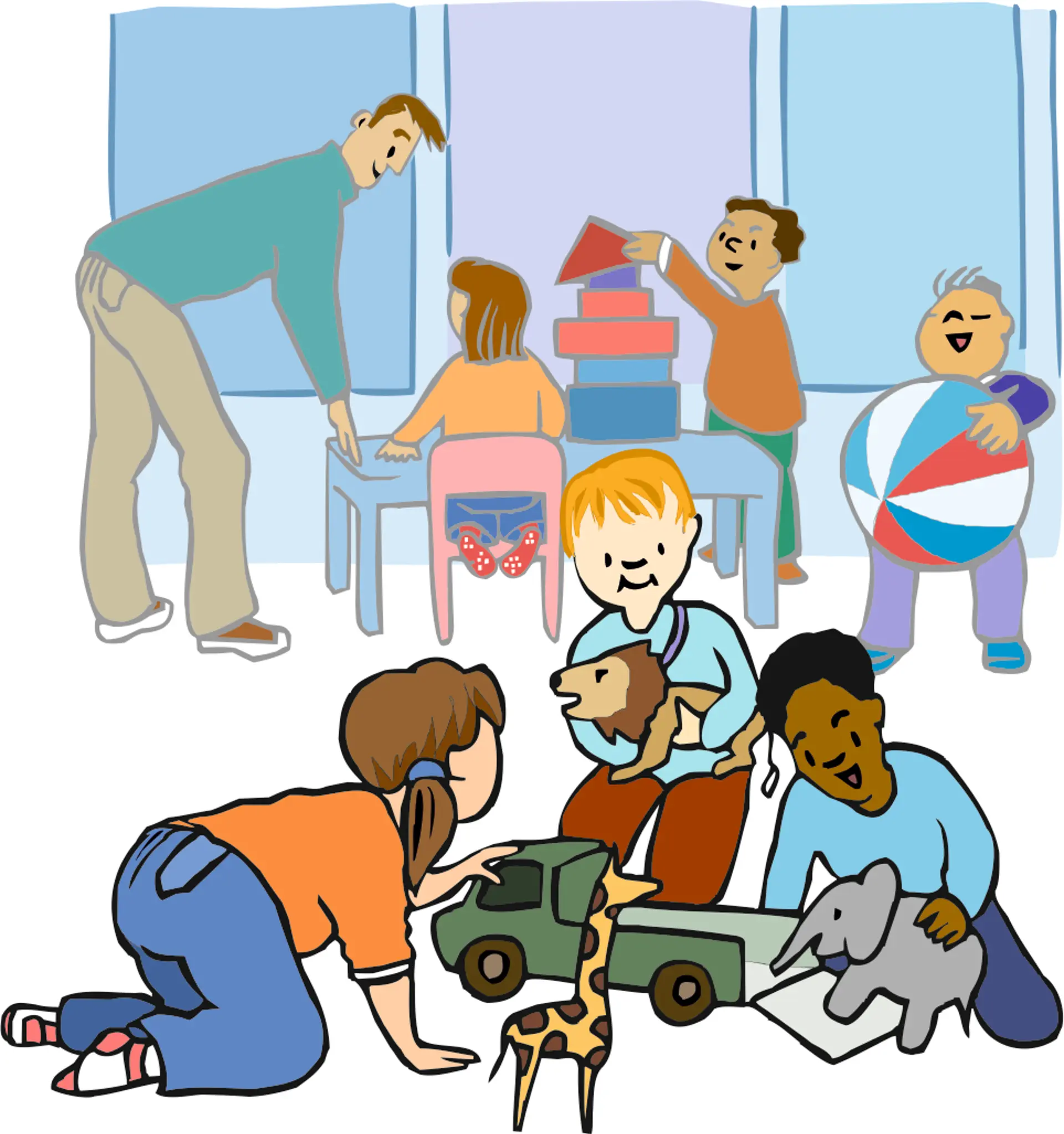 Illustration einer Gruppe kleiner Kinder, die auf dem Boden mit Stofftieren spielen. Im Hintergrund spricht ein Mann mit weiteren Kindern, die an einem Tisch spielen.