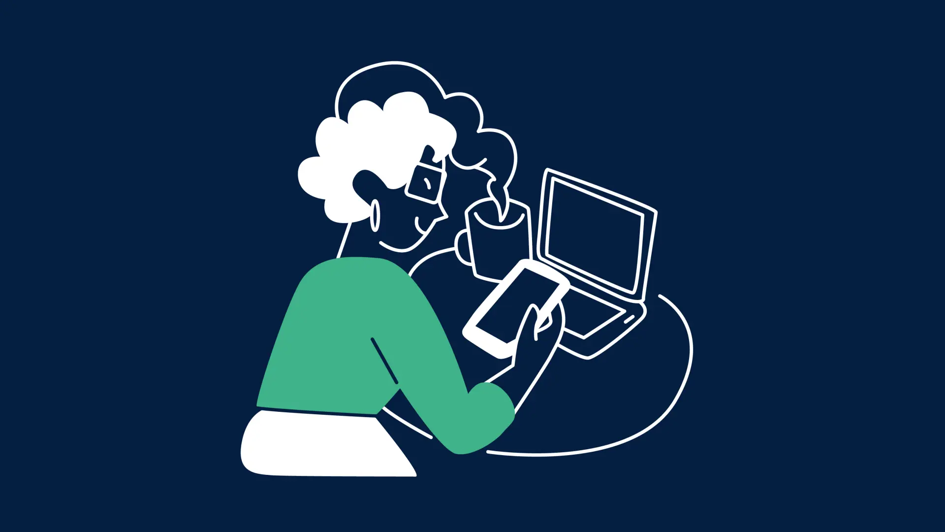 Illustration einer Frau vor einem Bildschirm, in der Hand hält sie ein Handy