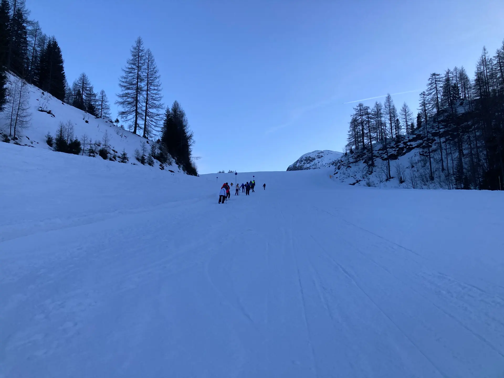 Mehrere Schülerinnen und Schüler steigen bei Dämmerung einen schneebedeckten Weg hinauf.